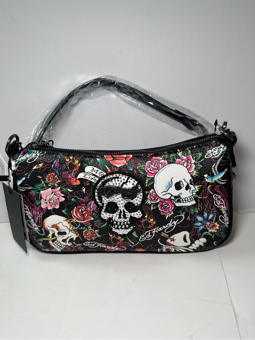Ed Hardy Shoulder Bag Skull Floral Print Black Studded Logo Purse Y2K Style